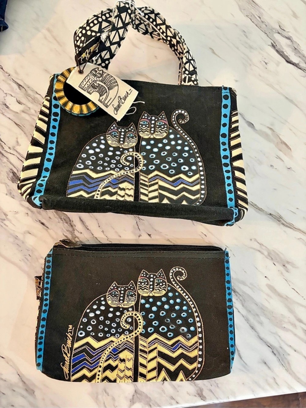 Laurel Burch Feline Family Canvas Tote and Pouch Set Black & Blue